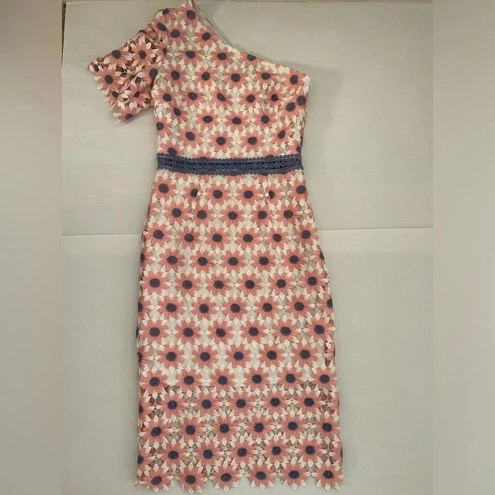 Chi Chi London Pink Floral One-Shoulder Lace Dress